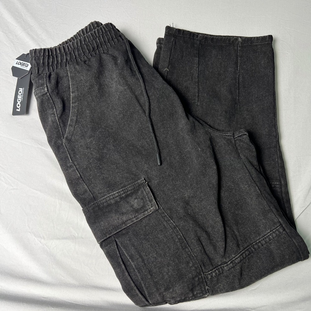 Logeqi Limited Edition Mens Black Washed Denim Cargo Pants Size 32 NWT